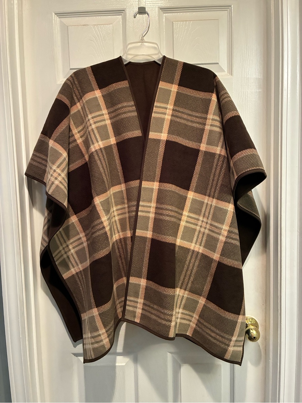 Reversible Plaid Cape Poncho - Brown & Cream